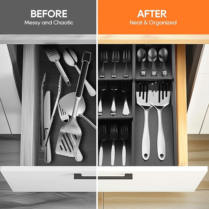 Bamboo Silverware Drawer Organizer, Removable Dividers Kitchen Utensil Drawer Organizer for Different Dimension Flatware, Spoons, Forks, Knives (Black, 5 Slots)