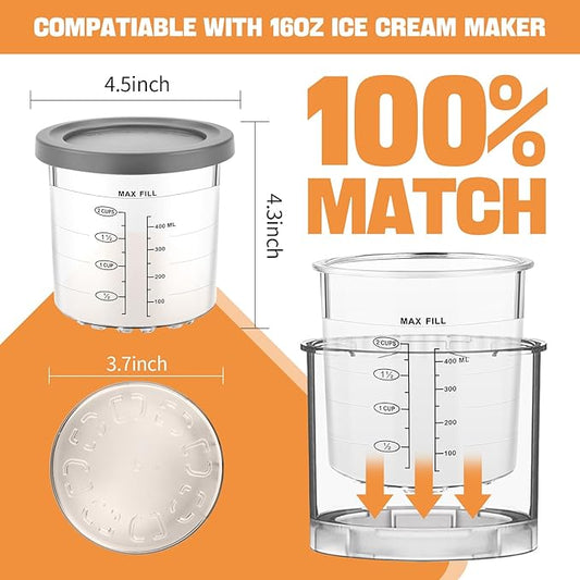 Containers Replacement for Ninja Creami - 4 Pack 16oz Pints and Lids, Compatible with NC301 Series Ice Cream Makers, Upgraded Design with Measurement Scale, BPA-Free & Dishwasher Safe