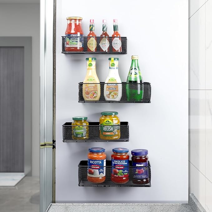 Magnetic Spice Rack for Refrigerator,4 Pack Magnetic Spice Rack for Kitchen Organization，Magnetic Spice Shelf Rack Organizer for Side of Refrigerator Fridge，Kitchen Storage Organizer,Black