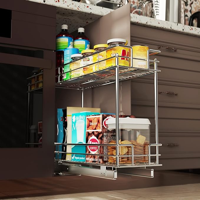 LOVMOR Pull Out Cabinet Organizer and Storage (7" W x 21" D) 2-Tier Pull Out Shelf Storage for Kitchen Base Cabinet Silver (7" W x 21" D, Silver, Roll on Top)