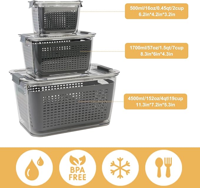 Fruit Storage Containers for Fridge with Removable Colanders, Airtight Produce Vegetable Berry Containers with lid for Fridge, Food Storage Containers for Washing, Draining, Freshness