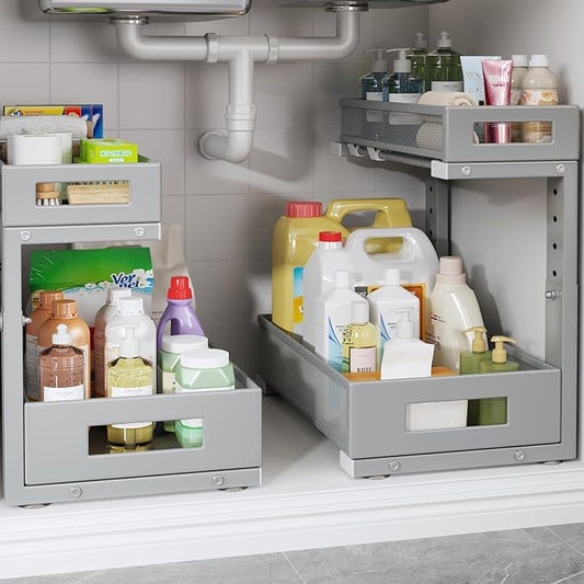 2-Pack Under Sink Storage Organizer, Large 2-Tier Elegant Mesh Pull Out Shelf for Kitchen and Bathroom Cabinet Organization, L-Shaped and Adjustable Height Design-Gray