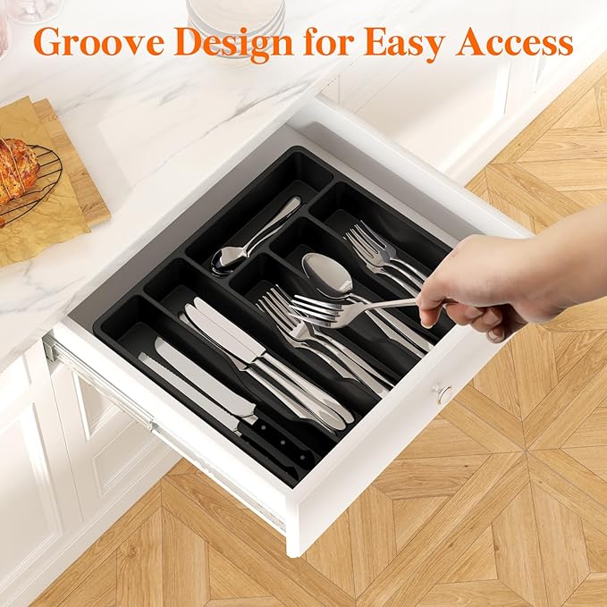 Lifewit Silverware Organizer with Lid, Covered Utensil Tray for Kitchen Drawer and Countertop, Plastic Cutlery and Flatware Storage Box for Spoons Forks Knives Holder, 6 Compartments, 2 Pack, Black
