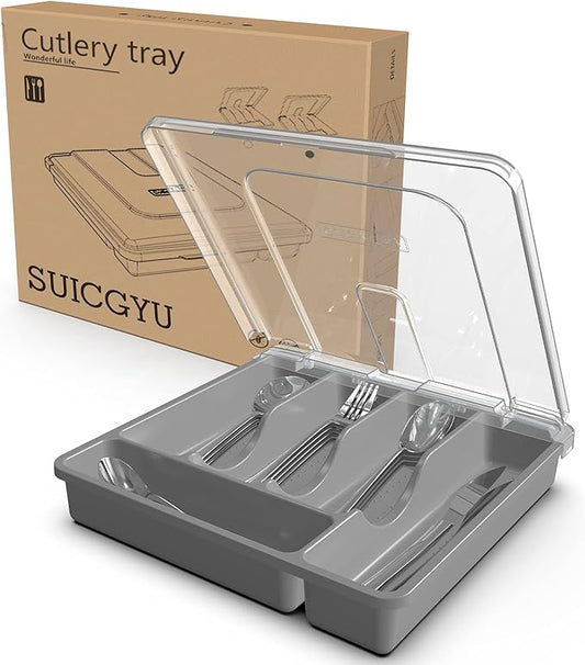 Silverware Organizer with Lid for Drawer, Plastic Utensil Holder for Countertop, Flatware Organizer Cutlery Tray with Cover 5 Compartments (Gray)