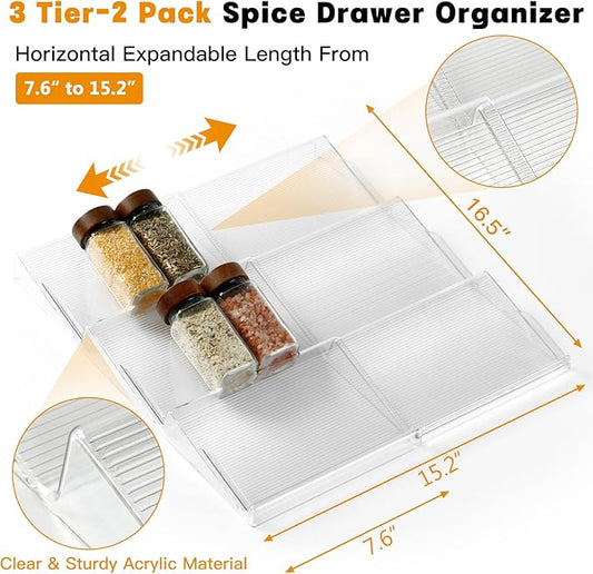 Spice Drawer Organizer 3 Tier- 2 Pack Clear Acrylic Drawer Seasoning Organizer Expandable From 7.5' to 15'' Kitchen Spice Rack Organizers and Storage for Drawer (Jars not included)