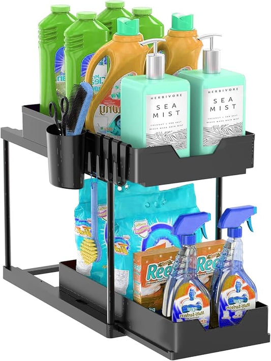Under Sink Organizers and Storage Bathroom Organizer, 2 Tier Under Sliding Kicthen Cabinet Basket Organizer with Hooks, Hanging Cup, Dividers, Handles, Multi-purpose Under Sink Shelf Organizer