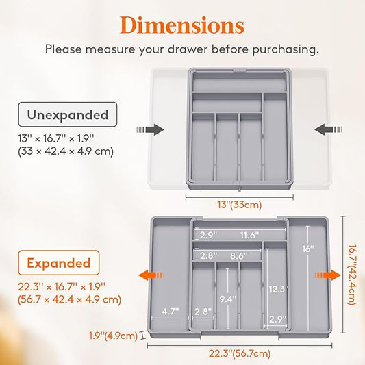 Lifewit Expandable Silverware Drawer Organizer, 22.4 x 16.7 x 2 inches, Adjustable Utensil Cutlery Tray for kitchen, Plastic Flatware Spoon Fork Knives Holder Storage Divider,1 Pack, Gray