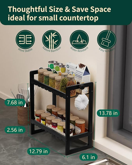 Countertop Organizer, Bamboo Spice Rack Organizer for Pantry, 2 Tier Kitchen Counter Shelf, Coffee Station Organizer,Black