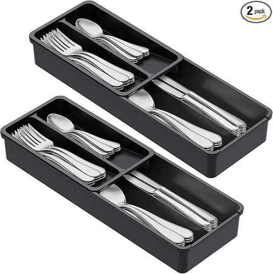 Lifewit Compact Silverware Organizer for Kitchen Drawer, Narrow Flatware Tray Holder, Plastic Cutlery Spoons, Forks and Knives Storage, Black, 2 Pack