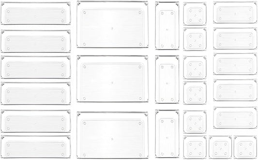 25 Pcs Clear Plastic Drawer Organizer Set,4 Sizes Small Organizer Bins for Bathroom,Office,Kitchen Cabinet and Vanity Organizers for Jewelry,Cosmetic,Gadgets Utensil In Drawer Organizer Trays