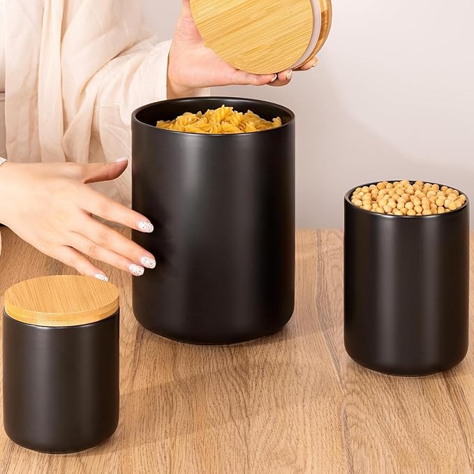 Yangbaga Black Canisters for Kitchen-Kitchen Canisters for Countertop with Airtight Wood Lids/Spoons/Stickers,Ceramic Kitchen Storage Containers for Large Flour,Suger,Coffee（15 OZ)
