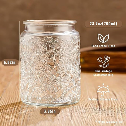 Vintage Glass Jars with Wooden Lids, 2 Pack 24 oz Airtight Glass Food Storage Containers Sets for the Kitchen, Sugar Coffee Candy Spice Cookie Tea Pasta