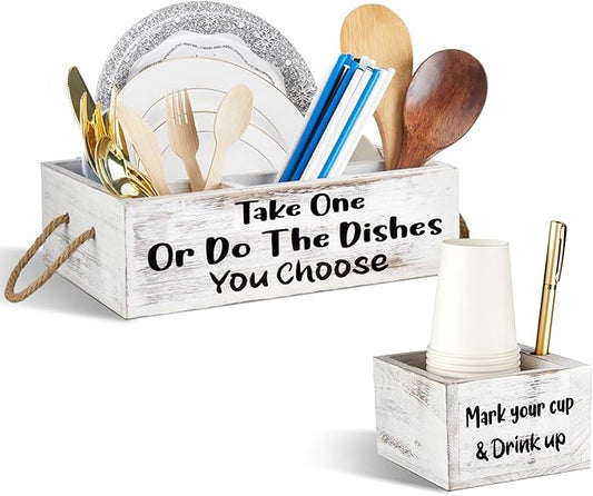 Suzile Cutlery Kitchen Utensil Holder Kit, 1 Kitchen Countertop Plate Holder and 1 Large Cup Organizer, Wooden Utensil Caddy Organizer for Plate Cup Fork Knives Spoon Straws Napkins Marker Condiment