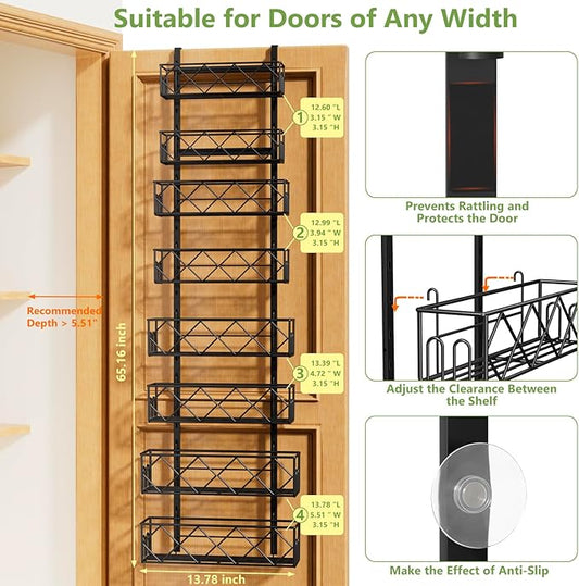Over the Door Pantry Organizer 8-Tier Adjustable Baskets Hanging Spice Door Rack Narrow - 13.78" W x 65.16" H Behind the Door Storage for Kitchen, Bathroom, and Closet Organization- Black