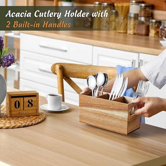 DRASTAR Silverware Holder, Acacia Wooden Utensil Caddy, Silverware Organizer Countertop, Cutlery Holder for Party, Fork Spoon Knife Organizer