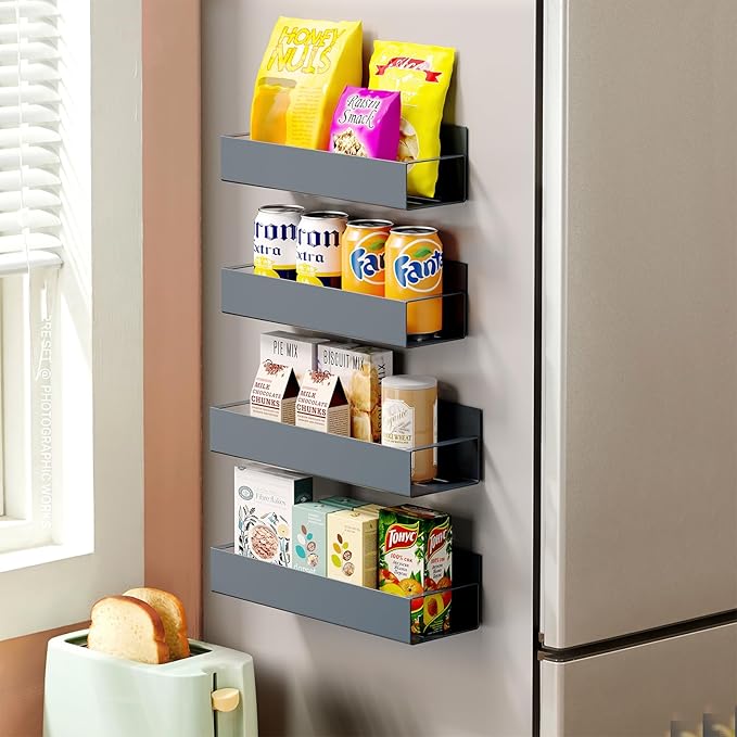 4 Pack Moveable Fridge Magnetic Spice Racks,Metal Grey