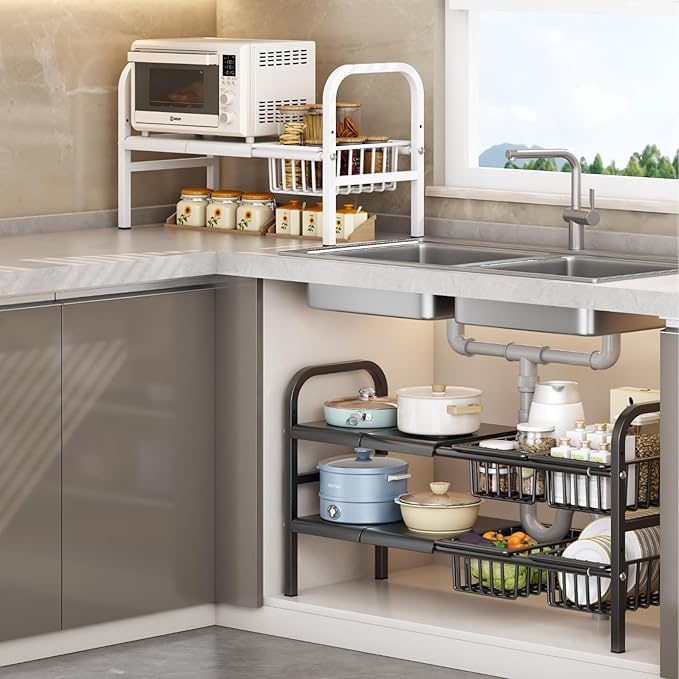 Under Sink Organizer，2 Tier Expandable Heavy Duty Metal Shelf，with 5 Removable Panels and 5 Storage Basket for Under Kitchen Bathroom Sink Organizers and Storage (White, X-Large)