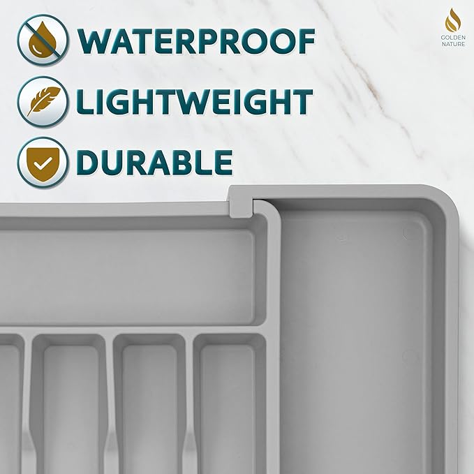 Kitchen Drawer Organizer for Silverware, Utensils, Cutlery (15x13.1 inch Expands to 15x22.2 inch, Gray), Expandable Flatware Holder for Drawers