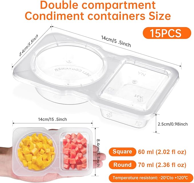 15 Sets Double Compartment Condiment Containers with Lid, Transparent Small Plastic Dipping Containers for Condiments or Dips, Sauce Snack, Salad Dressing, Sampling, Travel Snack