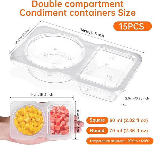 15 Sets Double Compartment Condiment Containers with Lid, Transparent Small Plastic Dipping Containers for Condiments or Dips, Sauce Snack, Salad Dressing, Sampling, Travel Snack