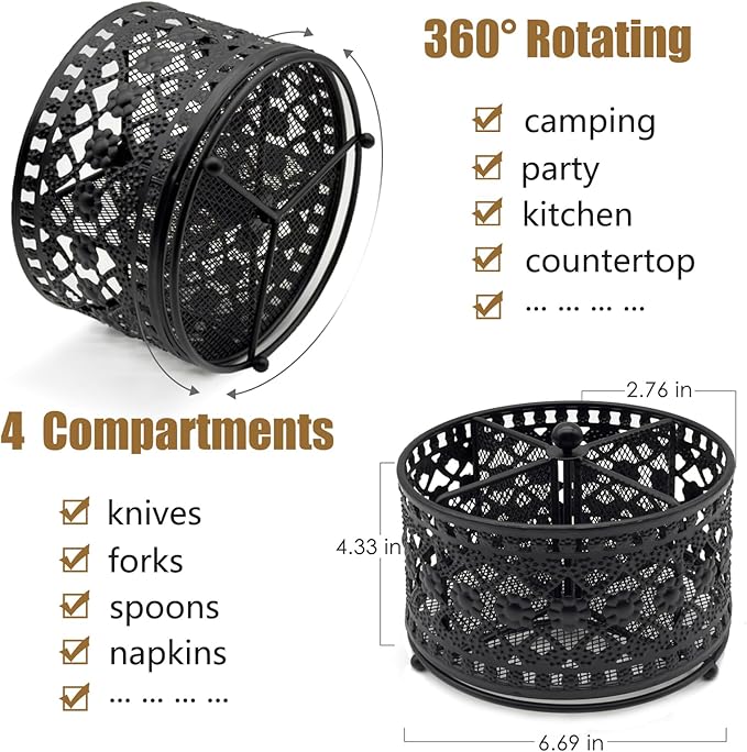 360° Rotating Metal Utensil Caddy - 4 Compartment Vintage Silverware Cutlery Holder Fork Spoon Napkin Organizer Flatware Storage Basket Party Countertop Buffet Picnic Camping Outdoor Black