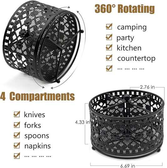360° Rotating Metal Utensil Caddy - 4 Compartment Vintage Silverware Cutlery Holder Fork Spoon Napkin Organizer Flatware Storage Basket Party Countertop Buffet Picnic Camping Outdoor Black
