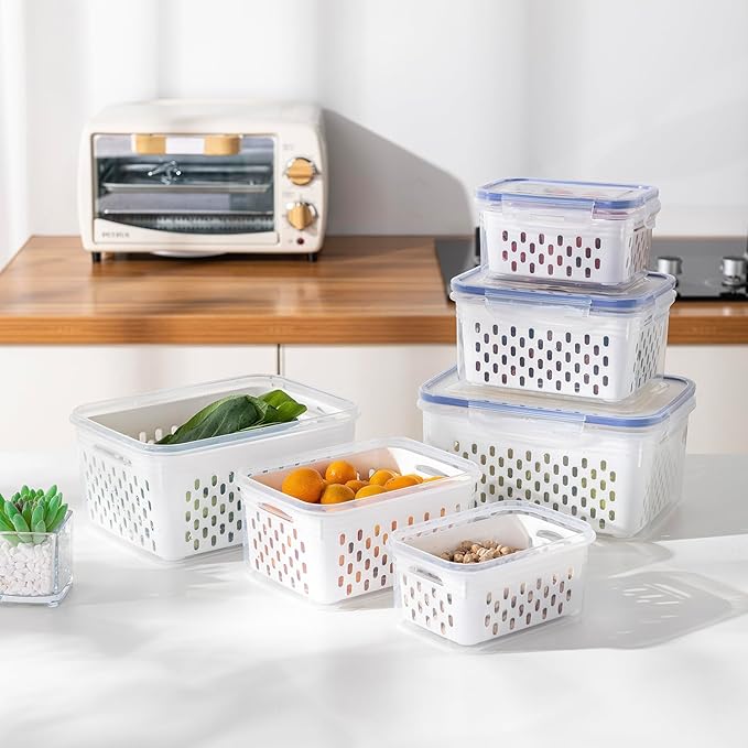 3 Pack Fruit Storage Containers for Fridge, Airtight Food Storage Containers with Removable Colander, Produce Saver Organizers Storage for Refrigerator, Keep Fruit Vegetable Meat Berry Fresh Longer