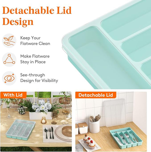 Lifewit Silverware Organizer with Lid, Covered Utensil Tray for Kitchen Drawer and Countertop, Plastic Cutlery and Flatware Storage Box for Spoons Forks Knives Holder Case, 5 Compartments, Turquoise