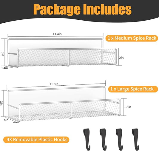 Magnetic Spice Rack for Refrigerator, 2 Pack Metal Magnetic Shelf White, Moveable Spice Organizer with Hooks, Super Magnetic Fridge Shelf for Kitchen Organization and Storage