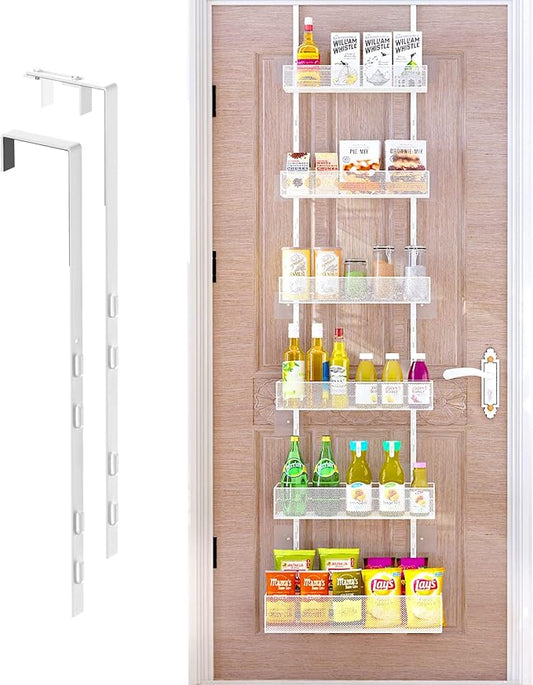 Over the Door Pantry Organizer - 6-Tier Mesh Basket Hanging & Wall Mounted Pantry Door Organizer, Over the Door Spice Rack with Adjustable Hooks for Kitchen, Bathroom, Bedroom, Storage Room (White)