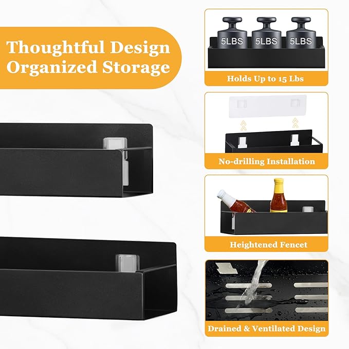 Kitchen Spice Rack: 2 Packs Black Adhesive Wall Mount - 11.8" Large Hanging Storage Organizer Cabinet Without Drilling for Smooth Wall - Work Room Bathroom Shelves