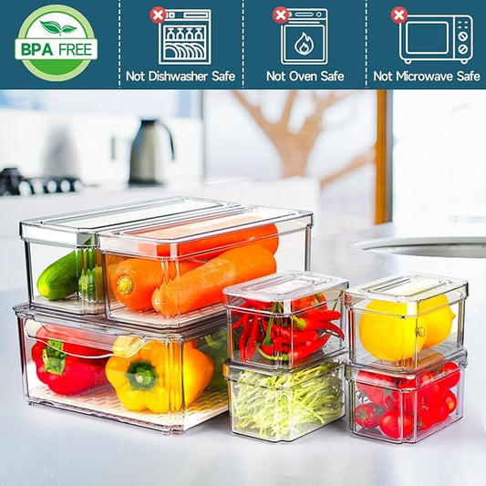 14 Pack Fridge Organizers and Storage - Refrigerator Organizer Bins with Lids, BPA-Free Fridge Organization, Fruit Storage Containers for Fridge, Vegetable, Food, Drinks, Cereals, Clear