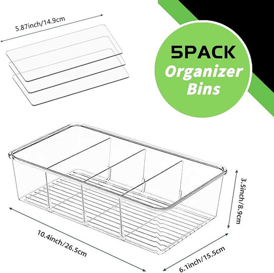 5 Pack Pantry Organizer with Removable Dividers, Snack Organizer for Pantry, Chip,Clear Acrylic Food Storage Bins for Kitchen, Fridge, Cabinet,Packets, Pouches