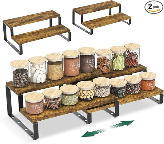 EsLuker.ly Spice Seasoning Rack Organizer Kitchen Countertop, Set of 2 Expandable Wood Spice Shelf Holder Storage, 2 Tier Freestanding Stand for Pantry, Quick Access(Jars Not Included)