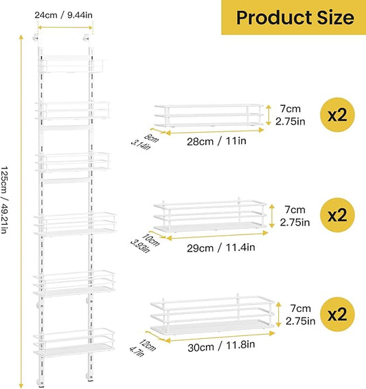 Pantry Door Organizer 12 Inch Wide, 6 Tier Hanging Adjustable Over the Door Spice Rack For Narrow Space,Matt White