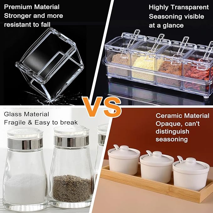 Clear Seasoning Box, 4 Piece Seasoning Rack Spice Pots, Plastic Storage Container Condiment Jars with Lids and Spoon, Kitchen Organization Containers for Spice, Salt, Sugar, Cruet
