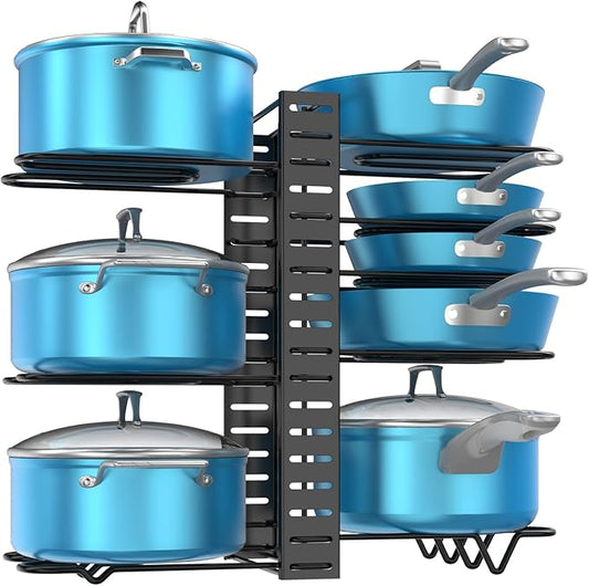 Pot and Pan Organizer Under Cabinet, 8 Tier Adjustable Pot Organizers Inside Cabinet with 3 DIY Methods, Upgraded Pan Storage Rack with Full Covered Anti-Slip Silicone, Black