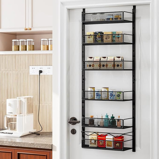 Over The Door Pantry Organizer, 6-Tier Pantry Organization and Storage,Adjustable Hanging Spice Rack Shelves, Cabinet Door Organizer for Easy Install, Home & Kitchen Essentials, Black