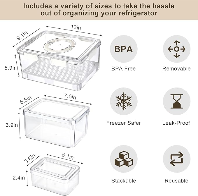 7 Pack Fresh Food Storage Containers, Produce Saver Box with Drain Baskets & Lid, Reusable Fridge Organizer, BPA-Free Airtight Fruit Organizer for Refrigerator, Stackable Plastic Fruit Veggie Saver