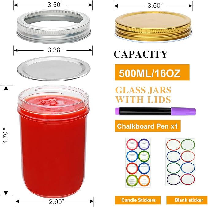 Wide Mouth Mason Jars,Canning Jars with Lids,Clear Glass Pint Jars 16oz with Sticker and Spoon for Canning, Fermenting, Jam, Honey, Wedding Favors, Sauces, DIY,Snacks, Candies and More(4pack)