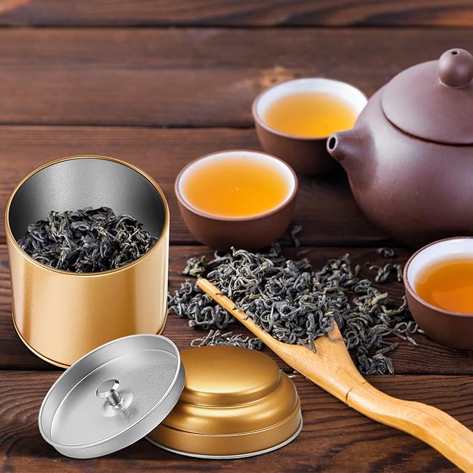 12 Pcs Tea Tin Canister with Airtight Double Lids 8 oz Round Tin Can Box Small Kitchen Tea Canister Loose Leaf Storage Containers for Loose Bags Coffee Sugar Candy Spices(Bronze Gold)