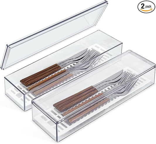 2 Pack Clear Silverware organizer with lid, Plastic Flatware Storage Box, Kitchen Drawer Organizer tray, Cutlery Utensil Holder
