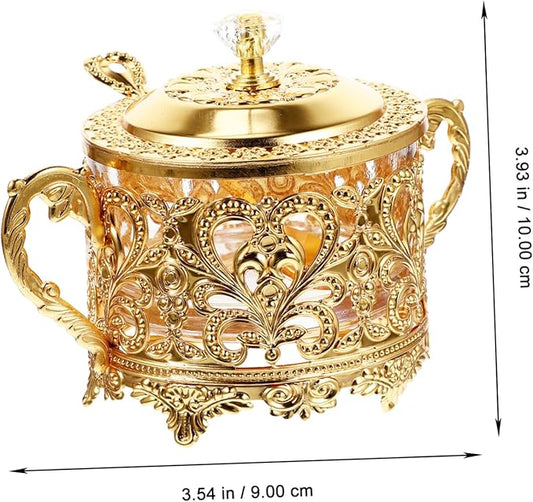 UPKOCH Turkish Sugar Bowl with Lid and Spoon Golden Iron & Glass Condiment Storage Jar - Vintage European Style Multi-Purpose Kitchen Canister for Coffee Bar, Wedding Party, Candy Cookie Honey Spice