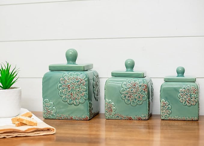 Floral Blue 10, 9, 8 inch Ceramic Food Storage Canisters Set of 3 38993