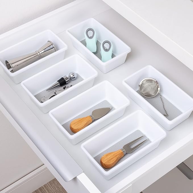 Smart Design Plastic Drawer Organizer - Set of 3-6.75 x 3.75 Inch - Non-Slip Lining and Feet - BPA Free - Utensils, Flatware, Office, Personal Care, or Makeup Storage - Kitchen - White with Gray