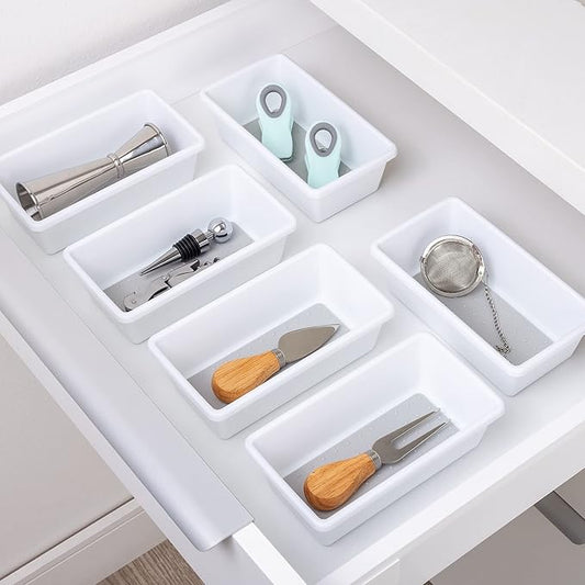Smart Design Plastic Drawer Organizer - Set of 3-6.75 x 3.75 Inch - Non-Slip Lining and Feet - BPA Free - Utensils, Flatware, Office, Personal Care, or Makeup Storage - Kitchen - White with Gray