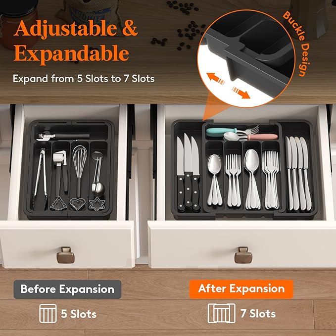 Lifewit Small Silverware Drawer Organizer, Expandable BPA Free Utensil Tray for Kitchen, Adjustable Flatware and Cutlery Holder for Spoons Forks Knives, Plastic Kitchen Organizers and Storage, Black