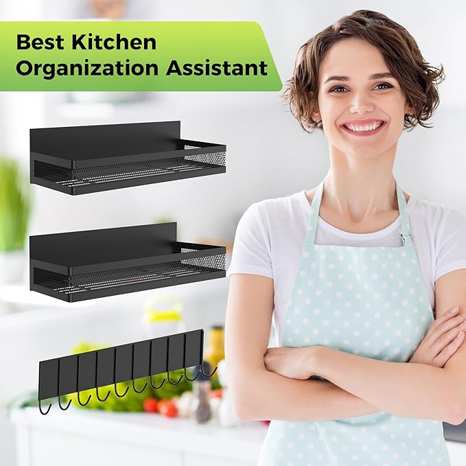 3 Pack Strong Magnetic Spice Rack for Refrigerator on Oven, Movable Kitchen Organizers and Storage for Spices Shelf, Wall Mounted Spice Rack Metal Fridge Shelf for Kitchen in Black