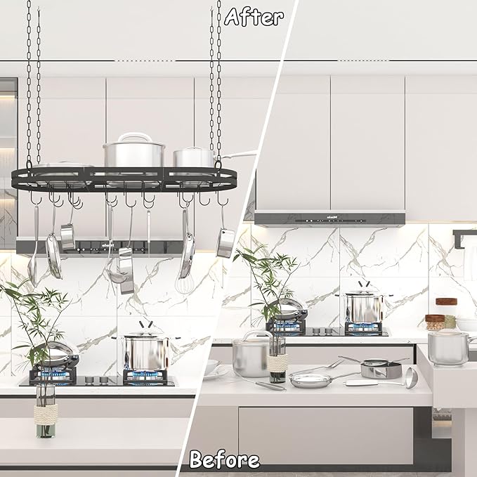 33” Hanging Pot Rack Ceiling Mount, Black Metal Pan Rack Hanging with 15 Hooks, Oval Pots and Pans Hanging Rack, Ceiling Hanging Pot Racks with Grid, Pan and Pot hangers for Kitchen Cookware Utensils