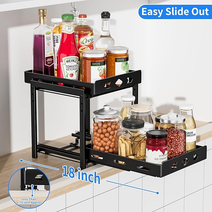 Pull Out Spice Rack Organizer, 2-Tier Vertical Spice Rack, Height Adjustable for Kitchen Cabinet (9.7''Wx10.8''Dx9.2''H, Metal Black)